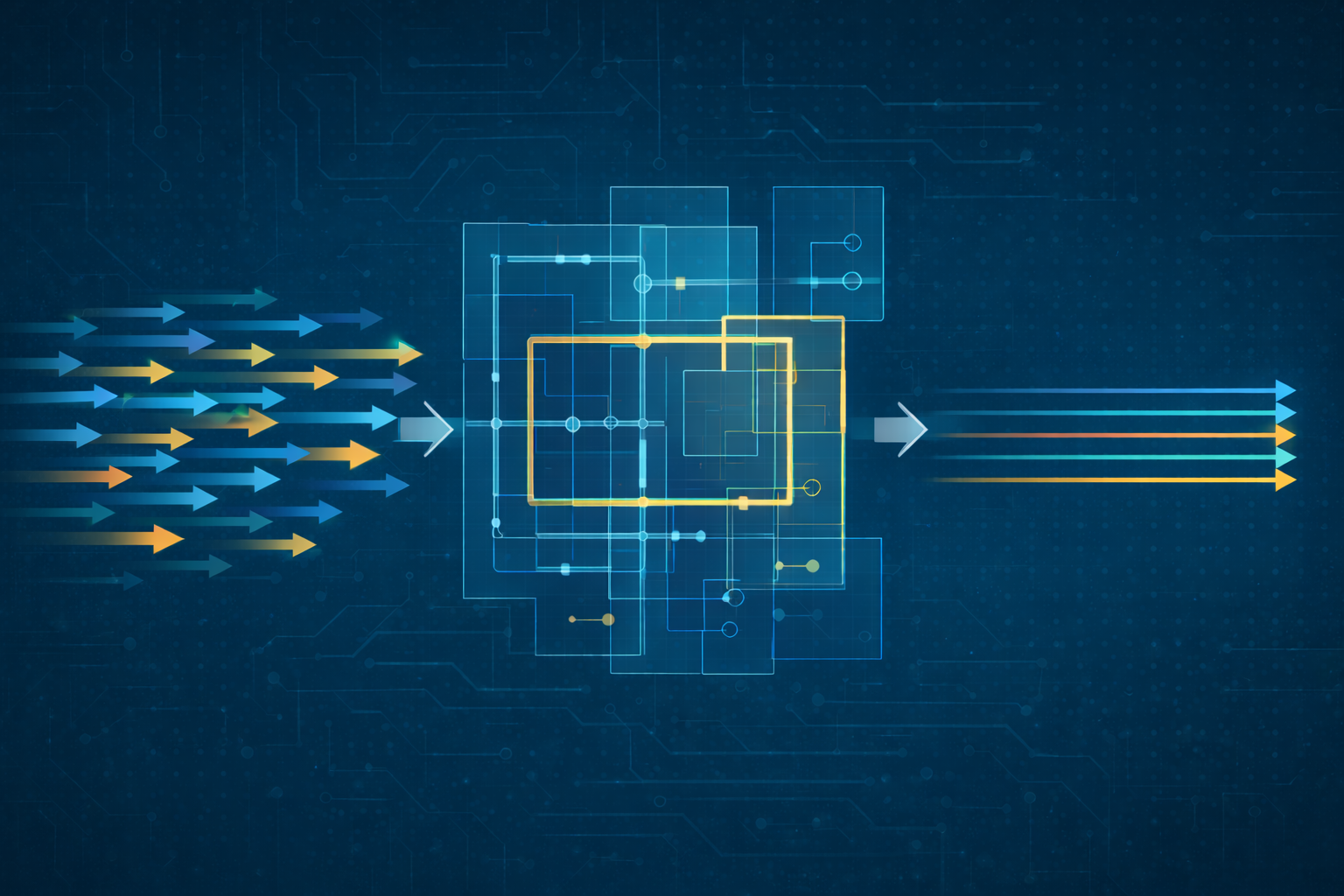 Illustration showing multiple parallel arrows entering a structured architectural grid and exiting as evenly aligned output lanes.